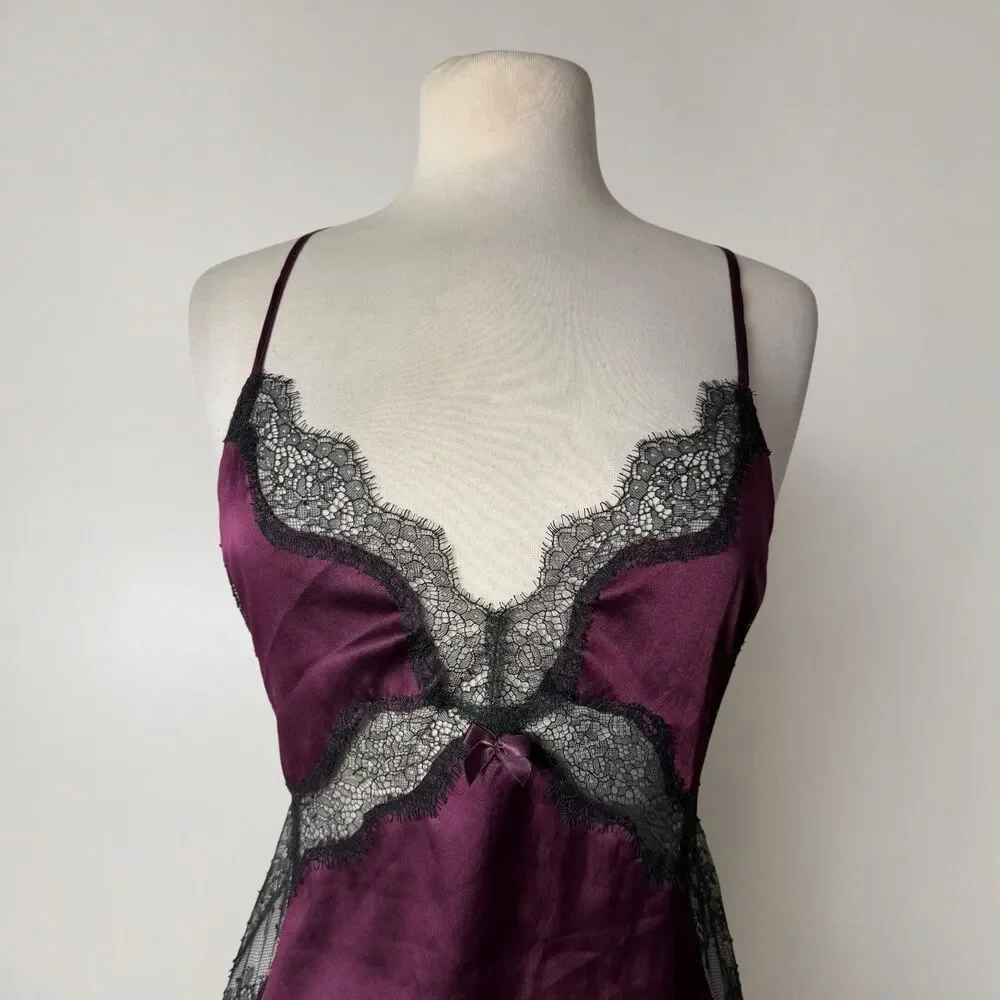 Victoria's Secret Burgundy Satin Lace Slip Dress Open Back Y2K Coquette Small
